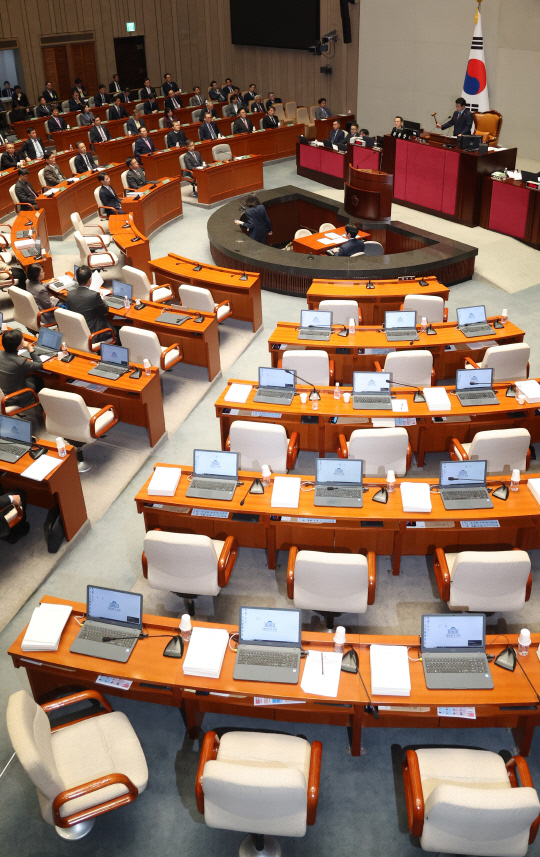 29일 국회에서 열린 예산결산특별위원회 전체회의에서 박정 위원장이 야당 단독으로 감액 예산안을 통과시키고 있다.[연합뉴스]